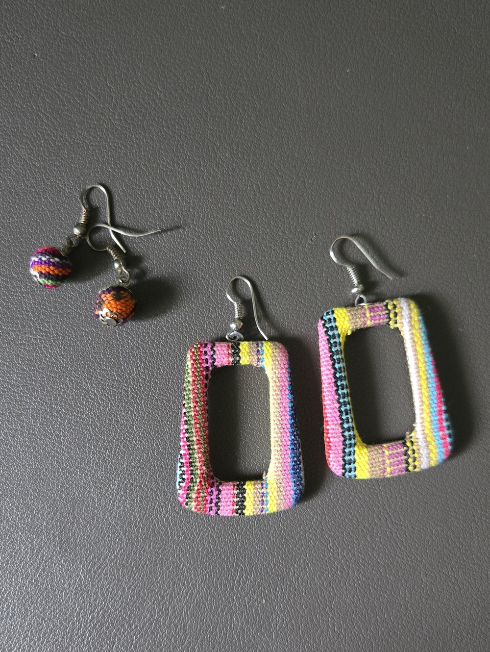 Colorful Woven Fabric Covered Oblong Round Drop Dangle EARRINGS